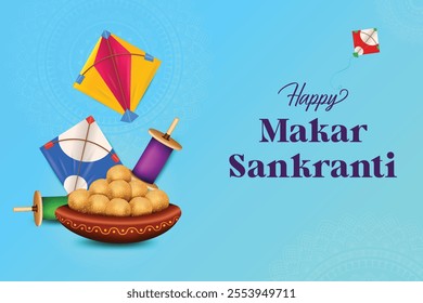 Makar Sankranti Festive Celebration With Kites and Sweets On Blue Color Background. Grand Theme Festival Offer Sale Landing Page Vector Illustration.