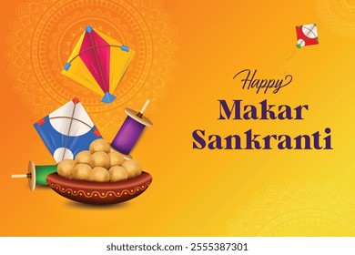 Makar Sankranti Festive Celebration With Kites and Sweets On Yellow Color Background. Grand Theme Festival Offer Sale Landing Page Vector Illustration.