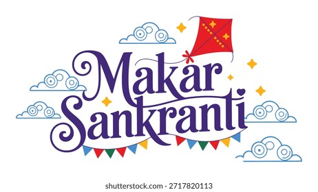 Makar Sankranti festive typography illustration with flying kite, clouds and decorative elements on white background, Indian harvest festival celebration greeting design