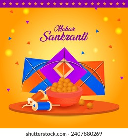 Makar Sankranti Food and Kites Traditional Delights of the Harvest Festival.Makar Sankranti Feast Sugarcane, Tilgul, and a Sky Full of Kites