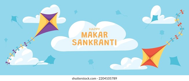 Makar Sankranti greeting banner with blue sky, clouds and colorful kites - flat vector illustration. Traditional hindu holiday about transition of Sun to Capricorn. Cartoon flying kites in the sky.