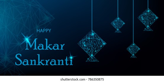 Makar Sankranti Greeting Card with blue polygonal kites. Vibrant vector illustration for holiday.