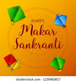 Makar sankranti greeting card with colorful kites