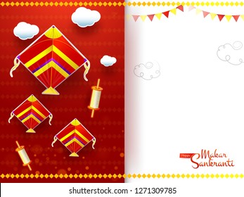 Makar Sankranti greeting card design decorated with kites, spools and bunting flags.