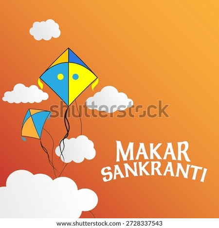 Makar Sankranti greeting card design with colorful kites on orange gradient background. Vector eps10.