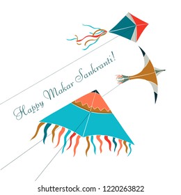 Makar Sankranti Greeting Card with kites on white background.