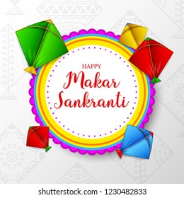 Makar sankranti greeting card with round paper and colorful kites