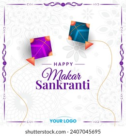 makar sankranti greeting with kites and mandala festive white background vector