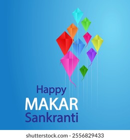 Makar Sankranti happy festival in India with kites in the sky, vector art illustration.