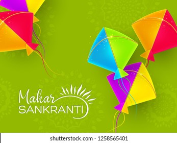 Makar Sankranti holiday design with colorful kites. Green background with rangoli. Vector illustration.