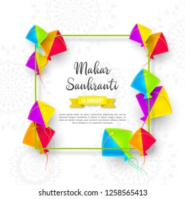 Makar Sankranti holiday design with colorful kites. White background with rangoli and green frame. Vector illustration.
