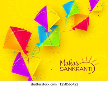 Makar Sankranti holiday design with colorful kites. Yellow background with rangoli. Vector illustration.