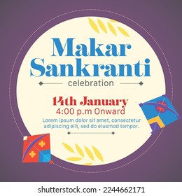 Makar Sankranti Einladungskarte. Typografisches Layout mit Makar sankranti-Elementen. Gelber Hintergrund und flache Vektorgrafiken fliegender Drachen.