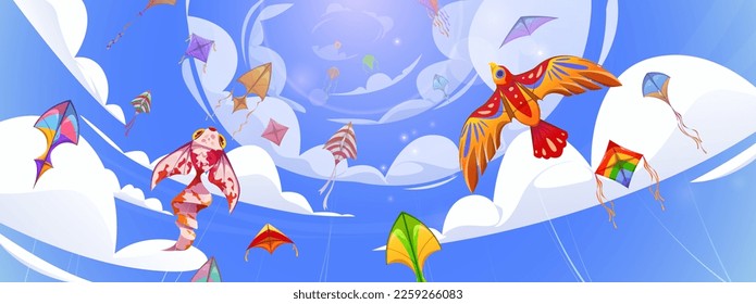 Makar sankranti, kite festival background. Cute colorful paper toys in shape of fish and bird with ribbons flying on wind in blue sky with clouds, vector cartoon illustration svg