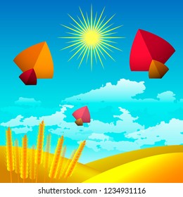 Makar Sankranti. Kite festival in India. Winter Solstice Harvest Festival. Landscape with sky, sun and clouds. Yellow wheat fields, wheat ears. In the sky flying kites