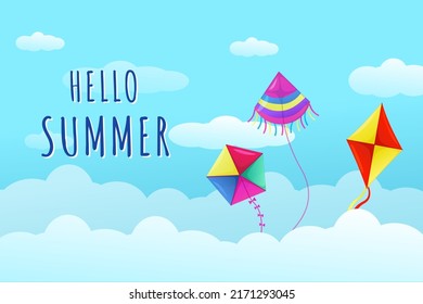 Makar Sankranti kite. Indian festival day of flying toys. Sky with clouds. Happy Lohri and Gujarat. Pongal holiday. Creative celebration culture. Summer festival. Vector background
