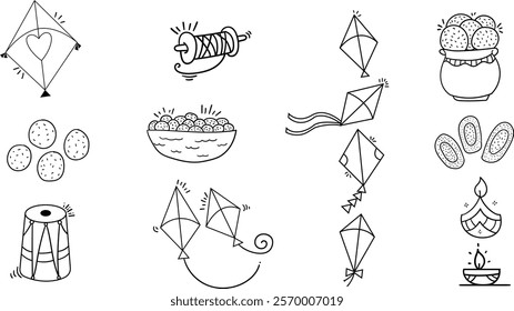 Makar Sankranti little Drawing Design set,Design element for makar sankranti occasion,Hand drawn background element design collection. 