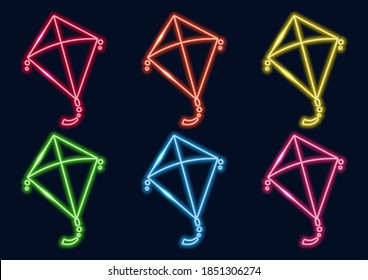 Makar sankranti. Neon frame. A set of kites in neon style.