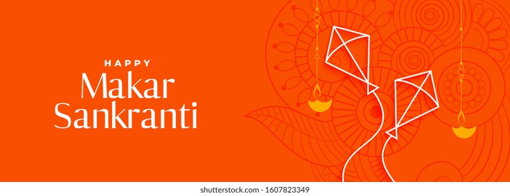 pancarta naranja makar sankranti con dos cometas