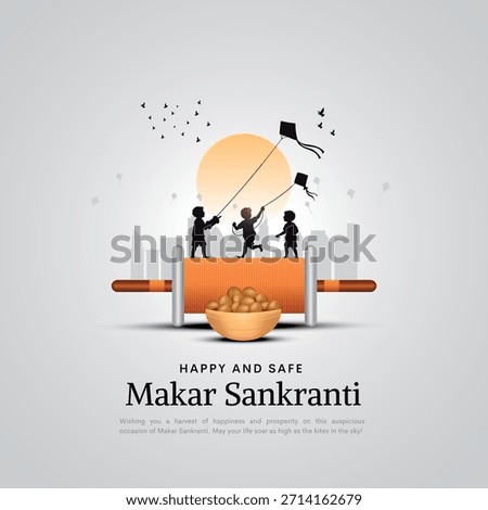 Makar Sankranti Poster design with child flying kite and cityscape. Makar Sankranti is a Hindu harvest festival celebrated across India. Creative vector illustration.
