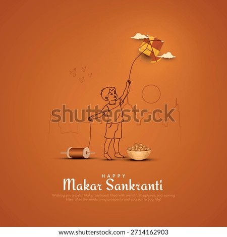 Makar Sankranti Poster design with child flying kite and cityscape in line art. Makar Sankranti is a Hindu harvest festival celebrated across India. Creative vector illustration.