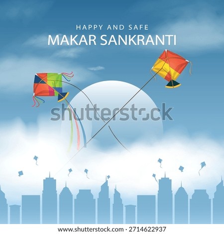 Makar Sankranti Poster design flying kite and cityscape. Makar Sankranti is a Hindu harvest festival celebrated across India. Creative vector illustration.