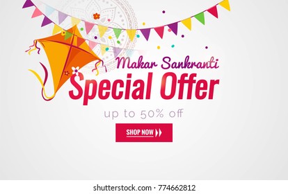 Makar Sankranti sale background with kite and bunting flags. Vector illustration