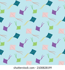 Makar Sankranti seamless pattern with bright colorful kites with bow tail flying in sunny sky blue sky background. Vector backdrop Maghi - Hindu festival of India.
