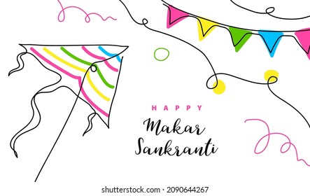 Makar Sankranti Vektorbanner, Poster. Kite eine Linie Kunstzeichnung Hintergrund. Kontinuierliche Zeilenkunst mit Text Happy Makar Sankranti.