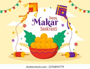 Makar Sankranti Vector Illustration. Translation the Harvest Festival. Indian Festive with Flying Colorful Kites And String Spools in Flat Background
