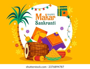 Makar Sankranti Vector Illustration. Translation the Harvest Festival. Indian Festive with Flying Colorful Kites And String Spools in Flat Background