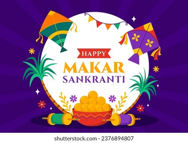 Makar Sankranti Vector Illustration. Translation the Harvest Festival. Indian Festive with Flying Colorful Kites And String Spools in Flat Background