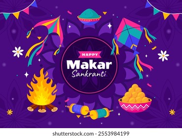 Makar Sankranti Vector Illustration. Translation the Harvest Festival. Indian Festive with Flying Colorful Kites and Festive Activity in a Background