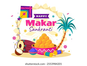 Makar Sankranti Vector Illustration. Translation the Harvest Festival. Indian Festive with Flying Colorful Kites and Festive Activity in a Background