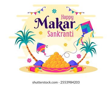 Makar Sankranti Vector Illustration. Translation the Harvest Festival. Indian Festive with Flying Colorful Kites and Festive Activity in a Background