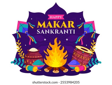 Makar Sankranti Vector Illustration. Translation the Harvest Festival. Indian Festive with Flying Colorful Kites and Festive Activity in a Background