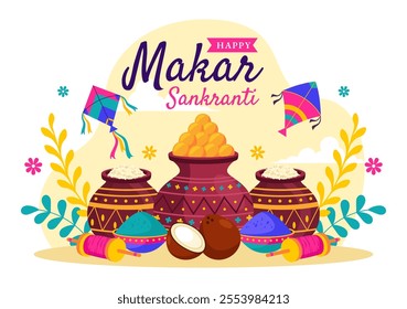 Makar Sankranti Vector Illustration. Translation the Harvest Festival. Indian Festive with Flying Colorful Kites and Festive Activity in a Background