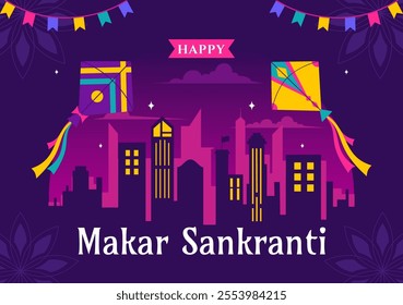 Makar Sankranti Vector Illustration. Translation the Harvest Festival. Indian Festive with Flying Colorful Kites and Festive Activity in a Background