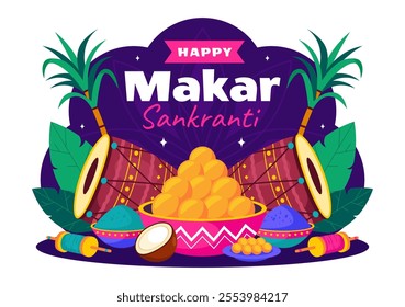 Makar Sankranti Vector Illustration. Translation the Harvest Festival. Indian Festive with Flying Colorful Kites and Festive Activity in a Background