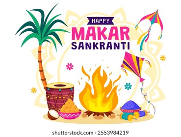 Makar Sankranti Vector Illustration. Translation the Harvest Festival. Indian Festive with Flying Colorful Kites and Festive Activity in a Background