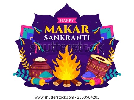 Makar Sankranti Vector Illustration. Translation the Harvest Festival. Indian Festive with Flying Colorful Kites and Festive Activity in a Background