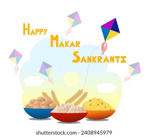 Makar Sankranti Vector showing Tilli Ladoos, Grain  Flying Kites