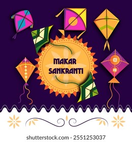  Makar Sankranti with vibrant kites soaring in the sky Makar Sankranti is displayed on a circular orange background conveying joy festivity and the start of a new season






