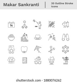 Makara Sankranti, Hindu Festival, Flying Kites Bunch Of Outline Icons