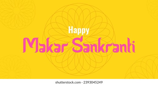 Makara Sankranti sunny holiday of India. Congratulations on a bright yellow background with patterns. Concept holiday. Poster, leaflet, website design Vector illustration.