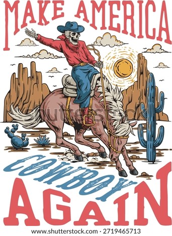 Make America Cowboy Skeleton Riding Bucking Horse Western Typography Illustration