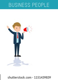 Make an announcement. Message business people concept. Businessman communicates through a megaphone. Vector flat design illustration background. 