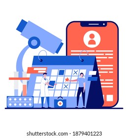 Make an appointment with an online doctor concept with tiny character. People scheduling on the calendar selects date flat vector illustration. Work schedule metaphor. Can use for landing page idea.