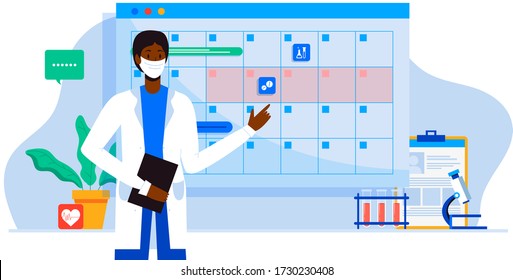 Make an appointment with an online doctor. On the calendar selects date. calendar. work schedule, make an appointment online. Vector illustration for banner, landing page, app. Tele medicine