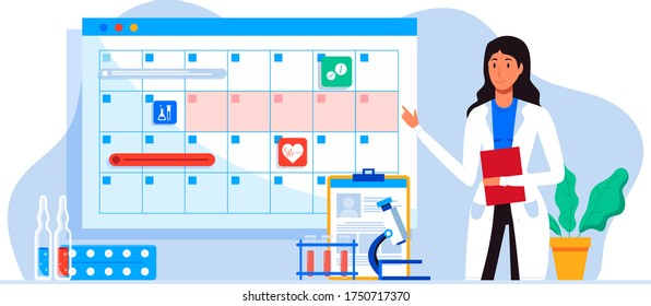 Make an appointment with an online doctor. On the calendar selects date. calendar. work schedule, make an appointment online. Vector illustration for banner, landing page, app. Tele medicine